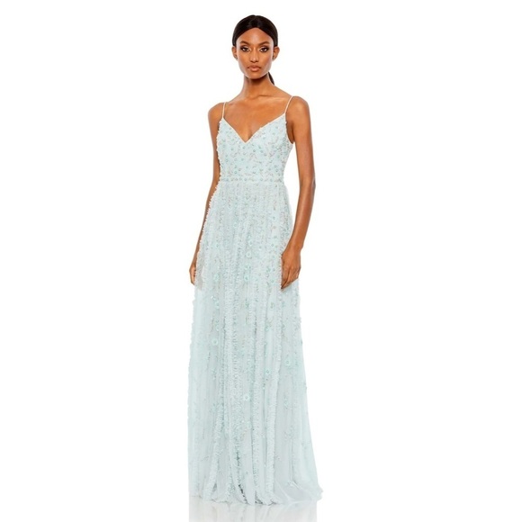Mac Duggal 9166 NWT EMBELLISHED RUFFLED SPAGHETTI STRAP A LINE GOWN - Picture 1 of 8